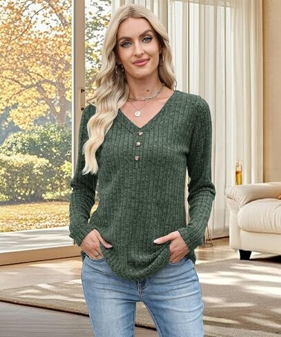 Womens Sweaters Long Sleeve Shirts 2025 Fall Fashion V Neck Sweatshirts Dressy Casual Tunic Tops Winter Clothes in Kuwait
