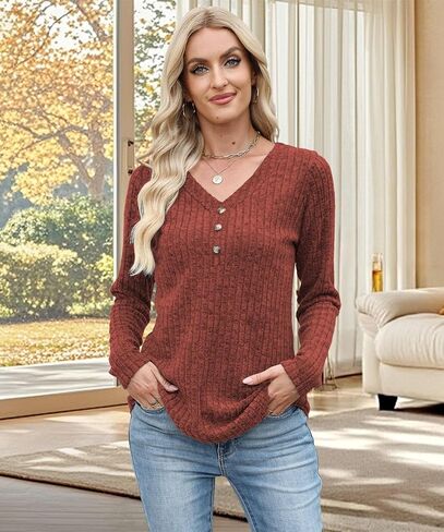 Womens Sweaters Long Sleeve Shirts 2025 Fall Fashion V Neck Sweatshirts Dressy Casual Tunic Tops Winter Clothes in Kuwait