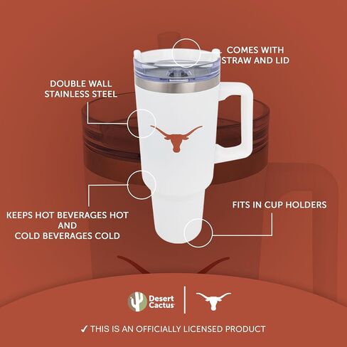 University Desert Cactus University Texas Longhorns ut austin مقبض كبير معزول من الفولاذ المقاوم للصدأ مقبض القش القابل لإعادة الاستخدام مزدوج الكوب المسورة الساخنة بالليزر المحفور (40 أوقية أونصة تجمع التصميم e) in Saudi Arabia