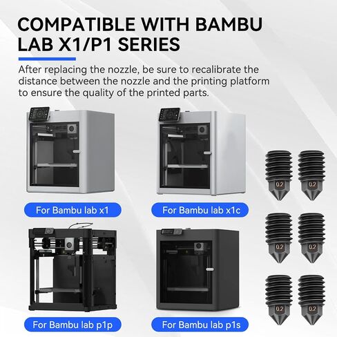 6pcs 0.2 مم فوهات فولاذية صلبة لـ Bambu Lab X1/X1C/P1S/P1P 3D ، مجموعة فوهة مع 2 أدوات إزالة + 5 إبر تنظيف ، مع درجات حرارة تصل إلى 500 درجة مئوية (6pcs*0.2 مم ل X1/P1) in Kuwait