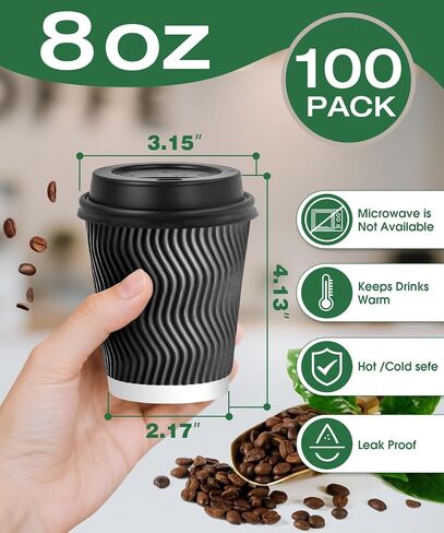 100 حزمة 8 أوقية أكواب قهوة يمكن التخلص منها مع أغطية ، لتذهب معزول أكواب قهوة سميكة للمشروبات الساخنة/الباردة ، وأصوات تموج مموجة لقهوة الإسبريسو والشوكولاتة الساخنة والكاكاو - الأسود in Kuwait