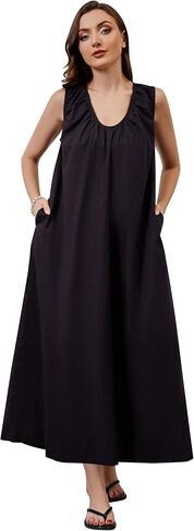 OLAPTA Women Summer Sleeveless Maxi Dress Scoop Neck Ruched Loose Fit Casual Elegant Solid Vacation Long Dress with Pockets in Kuwait