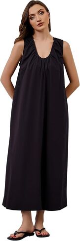 OLAPTA Women Summer Sleeveless Maxi Dress Scoop Neck Ruched Loose Fit Casual Elegant Solid Vacation Long Dress with Pockets in Kuwait