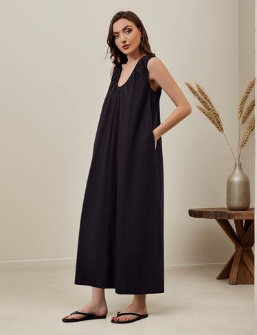 OLAPTA Women Summer Sleeveless Maxi Dress Scoop Neck Ruched Loose Fit Casual Elegant Solid Vacation Long Dress with Pockets in Kuwait