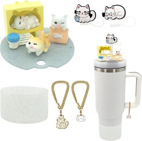 Personalized Stanley Cup Name Plate for H2.0 40oz Tumbler, Kawaii Stanley Cup Lid Accessories Set, Ice Plate Topper, Straw Topper Cover Cap, Lid Charms & Chain (Cat-B) in Saudi Arabia