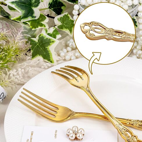 30PCS Gold Plastic Forks - 8.1inch Gold Forks Disposable - Vintage Heavy Duty Dessert Forks - Premium Fancy Plastic Silverware for Parties, Weddings, Dinners and Events in Saudi Arabia