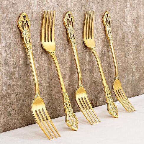 30PCS Gold Plastic Forks - 8.1inch Gold Forks Disposable - Vintage Heavy Duty Dessert Forks - Premium Fancy Plastic Silverware for Parties, Weddings, Dinners and Events in Saudi Arabia