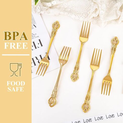 30PCS Gold Plastic Forks - 8.1inch Gold Forks Disposable - Vintage Heavy Duty Dessert Forks - Premium Fancy Plastic Silverware for Parties, Weddings, Dinners and Events in Saudi Arabia