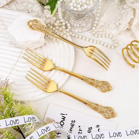 30PCS Gold Plastic Forks - 8.1inch Gold Forks Disposable - Vintage Heavy Duty Dessert Forks - Premium Fancy Plastic Silverware for Parties, Weddings, Dinners and Events in Saudi Arabia