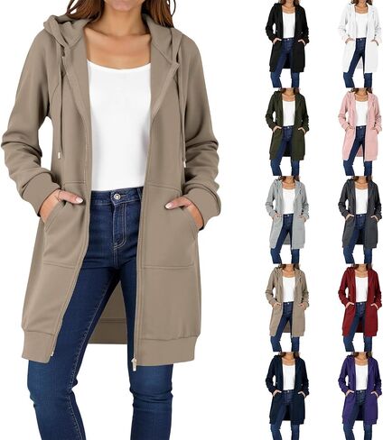 bmkBWO Long Hoodies for Women,Full Zip Oversized Hooded Sweatshirts Drawstring Warm Thicken Winter Coats Jackets with Pockets in Kuwait