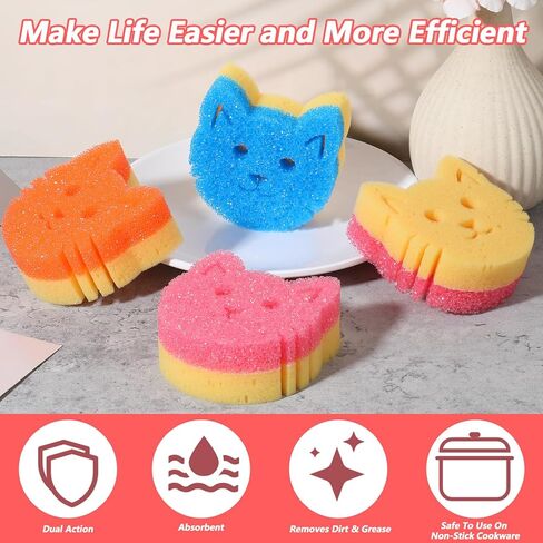 4 PCS Cat مزدوج تنظيف الإسفنجات اللطيفة درجة حرارة حساسة غير خدش الغش للأطباق الإسفنج الأسرة السائبة الأسرة النظيفة الإسفنج متعدد الوظائف in Saudi Arabia