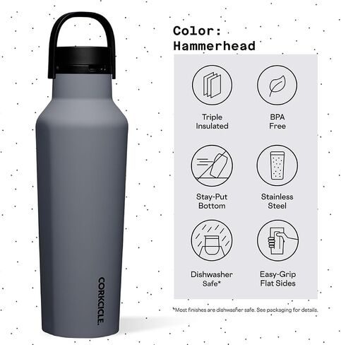 Corkcicle Sport Canteen - تبقي المشروبات الباردة 25 ساعة - زجاجة ماء من الفولاذ المقاوم للصدأ - ثلاثية المعزول - مقاومة للانسكاب - هدية شرب الصيف - تبقي مشروبات الجليد الباردة - 20 أوقية - رأس المطرقة in Kuwait
