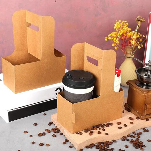 حامل مشروبات بمقبض من قطعتين، حامل اكواب ورقية للاستعمال مرة واحدة، حامل اكواب ورقية مع مقبض، حامل اكواب قهوة للسفر للمطاعم وتوصيل الطعام (100) in Kuwait