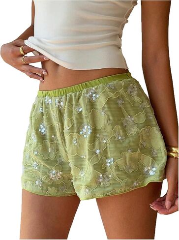 شورتات الترتر النسائية Gorglitter Y2K Sparkly Beaded Floral Meshes Shorts Wide in Saudi Arabia