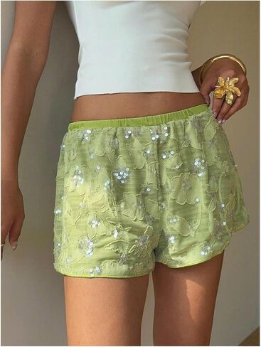 شورتات الترتر النسائية Gorglitter Y2K Sparkly Beaded Floral Meshes Shorts Wide in Saudi Arabia
