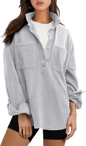 ANRABESS Sweatshirt for Women Oversized Casual Long Sleeve Side Slit Button Lapel Polo Pullover Tunic Tops 2025 Fall Outfits in Saudi Arabia