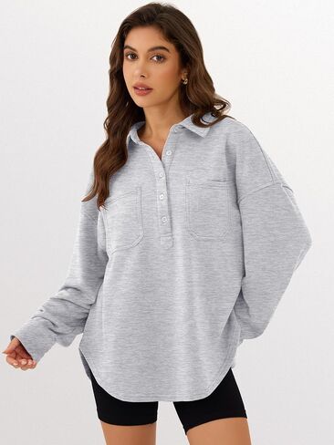 ANRABESS Sweatshirt for Women Oversized Casual Long Sleeve Side Slit Button Lapel Polo Pullover Tunic Tops 2025 Fall Outfits in Saudi Arabia