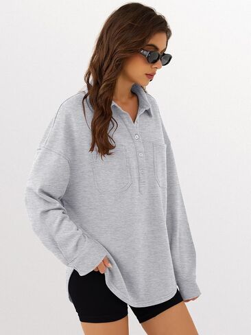 ANRABESS Sweatshirt for Women Oversized Casual Long Sleeve Side Slit Button Lapel Polo Pullover Tunic Tops 2025 Fall Outfits in Saudi Arabia