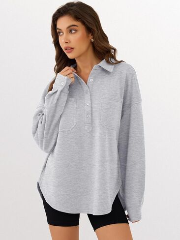 ANRABESS Sweatshirt for Women Oversized Casual Long Sleeve Side Slit Button Lapel Polo Pullover Tunic Tops 2025 Fall Outfits in Saudi Arabia