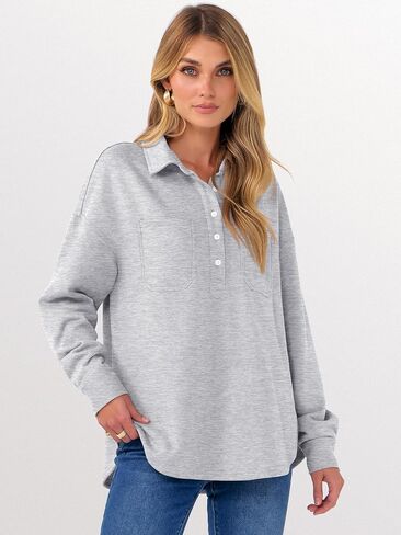 ANRABESS Sweatshirt for Women Oversized Casual Long Sleeve Side Slit Button Lapel Polo Pullover Tunic Tops 2025 Fall Outfits in Saudi Arabia