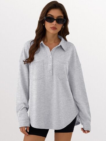 ANRABESS Sweatshirt for Women Oversized Casual Long Sleeve Side Slit Button Lapel Polo Pullover Tunic Tops 2025 Fall Outfits in Saudi Arabia