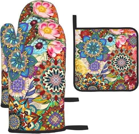 Boho Floral Oven Mitts and Pot Holders Sets of 3, Heat Resistant Non Slip Colorful Flowers Kitchen Gloves Hot Pads, Chef Cooking Baking Gifts for Women Bakers, Kitchen Gifts for Cooking Lover Cooks in Saudi Arabia