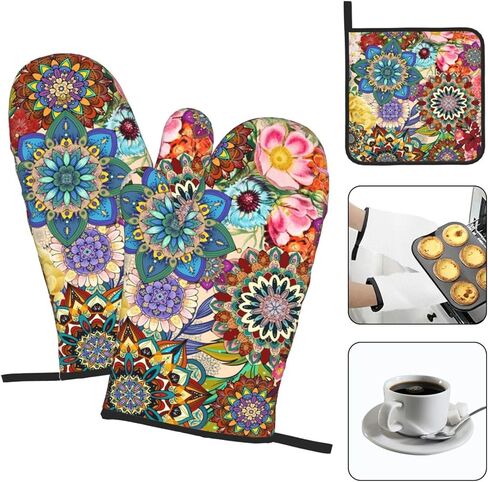 Boho Floral Oven Mitts and Pot Holders Sets of 3, Heat Resistant Non Slip Colorful Flowers Kitchen Gloves Hot Pads, Chef Cooking Baking Gifts for Women Bakers, Kitchen Gifts for Cooking Lover Cooks in Saudi Arabia