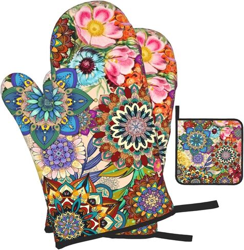Boho Floral Oven Mitts and Pot Holders Sets of 3, Heat Resistant Non Slip Colorful Flowers Kitchen Gloves Hot Pads, Chef Cooking Baking Gifts for Women Bakers, Kitchen Gifts for Cooking Lover Cooks in Saudi Arabia