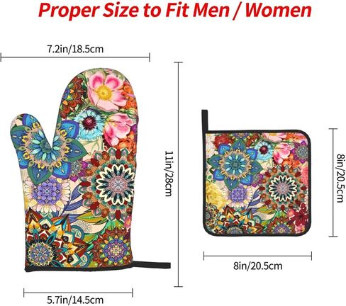 Boho Floral Oven Mitts and Pot Holders Sets of 3, Heat Resistant Non Slip Colorful Flowers Kitchen Gloves Hot Pads, Chef Cooking Baking Gifts for Women Bakers, Kitchen Gifts for Cooking Lover Cooks in Saudi Arabia