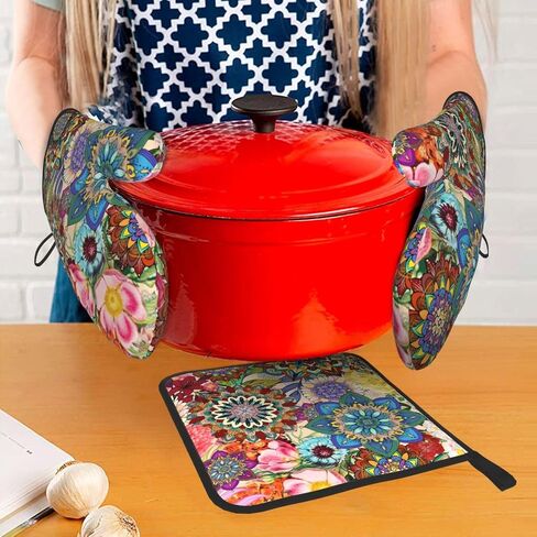 Boho Floral Oven Mitts and Pot Holders Sets of 3, Heat Resistant Non Slip Colorful Flowers Kitchen Gloves Hot Pads, Chef Cooking Baking Gifts for Women Bakers, Kitchen Gifts for Cooking Lover Cooks in Saudi Arabia