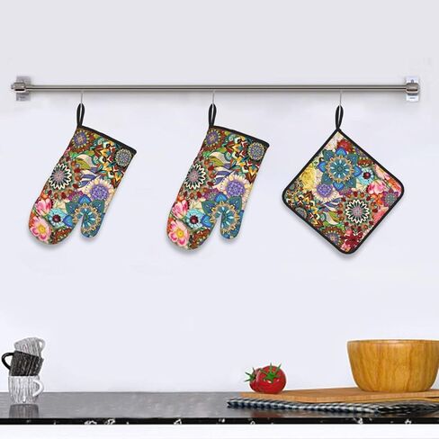 Boho Floral Oven Mitts and Pot Holders Sets of 3, Heat Resistant Non Slip Colorful Flowers Kitchen Gloves Hot Pads, Chef Cooking Baking Gifts for Women Bakers, Kitchen Gifts for Cooking Lover Cooks in Saudi Arabia