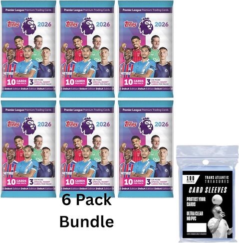 Topps Premier League 25/26 Soccer Cards 6 Packs + 100 Watserors و 60 بطاقة - تحتوي كل حزمة على 3 بطاقات إدراج خاصة أو أكثر لكل حزمة in Kuwait