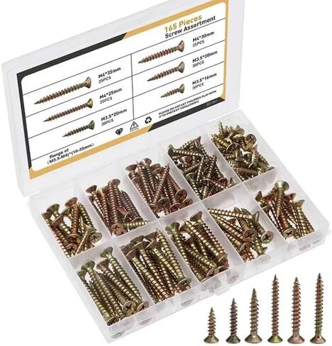 165-Piece Self Tapping Screw Assortment Set, 1.6 CM - 1 3/8 in, Countersunk Head, Wood Screws, Zinc Plate Carbon Steel, Phillips Head, DIY, Durable Organizer Box in Saudi Arabia