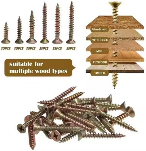 165-Piece Self Tapping Screw Assortment Set, 1.6 CM - 1 3/8 in, Countersunk Head, Wood Screws, Zinc Plate Carbon Steel, Phillips Head, DIY, Durable Organizer Box in Saudi Arabia