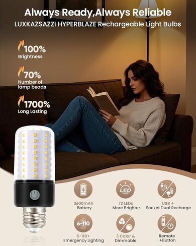 HYPERBLAZE Battery Operated Light Bulb with Remote, 72-LED Wide Bright & 3 Colors & Dimmable Rechargeable Light Bulbs for Lamps, USB+ E26 Lamp Socket Charging for Non-Hardwired Sconces, 4 Pack in Saudi Arabia