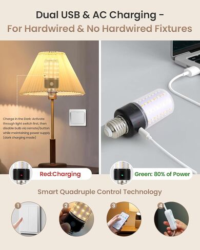 HYPERBLAZE Battery Operated Light Bulb with Remote, 72-LED Wide Bright & 3 Colors & Dimmable Rechargeable Light Bulbs for Lamps, USB+ E26 Lamp Socket Charging for Non-Hardwired Sconces, 4 Pack in Saudi Arabia