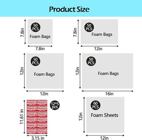 260 pcs Moving Packaging Supplies Set, 200 pcs Cushioning Foam Pouchs&Sheets, 4 Sizes (12"x12",12"x12" Sheets,12"x7.5",7.5"x7.5") With 60 Fragile Stickers,For Moving,Packaging,Storage in Kuwait