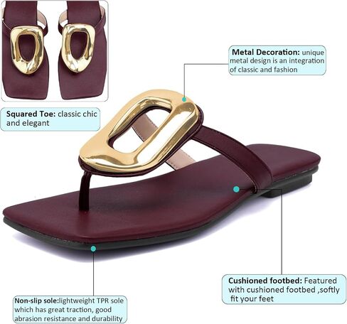 Flip Flops For Women Comfort Thong Flat Slide Sandals Summer Beach Open Square Toe Shoes with Metal Decoration Casual Fashion in Saudi Arabia