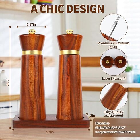 Wooden Salt and Pepper Grinder Set, Salt grinder Refillable with adjustable Coarseness, Acacia Wood pepper grinder manual, Salt and Pepper Shakers Matching Wooden tray-Ideal for Gifting in Saudi Arabia