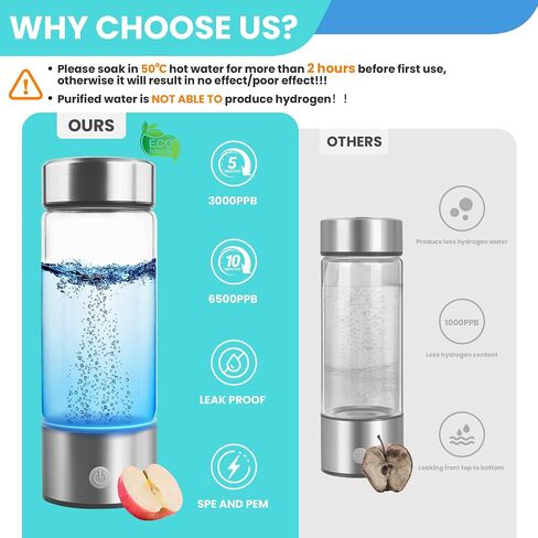 A2 Hydrogen Water Bottle,420ml Glass Hydrogen Water Generator Rechargeable Hydrogen Water Bottle Portable Hydrogen Water Ionizer with SPE/PEM Technology for Husband, Wife, Family,Travel,Home, Office in Saudi Arabia