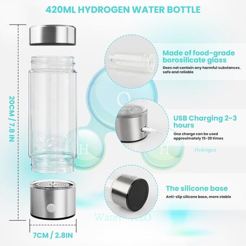 A2 Hydrogen Water Bottle,420ml Glass Hydrogen Water Generator Rechargeable Hydrogen Water Bottle Portable Hydrogen Water Ionizer with SPE/PEM Technology for Husband, Wife, Family,Travel,Home, Office in Saudi Arabia