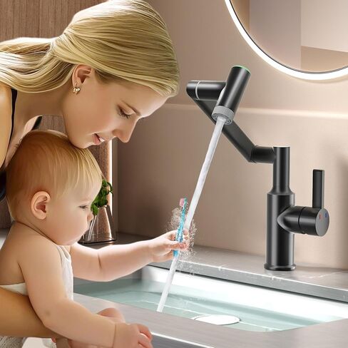 Single Hole Rotatable Bathroom Faucet with Temperature Display, Single Handle Modern Rotating Bathroom Sink Faucet 1 Hole, 1080 Degree Swivel Tap with 2 Water Outlet Modes (Black) in Saudi Arabia