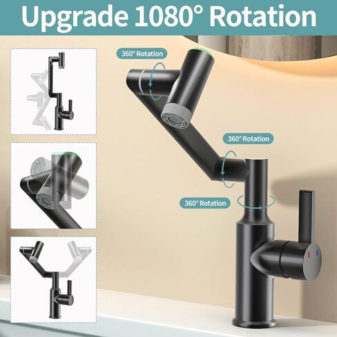 Single Hole Rotatable Bathroom Faucet with Temperature Display, Single Handle Modern Rotating Bathroom Sink Faucet 1 Hole, 1080 Degree Swivel Tap with 2 Water Outlet Modes (Black) in Saudi Arabia