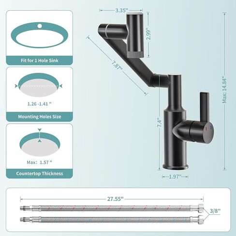 Single Hole Rotatable Bathroom Faucet with Temperature Display, Single Handle Modern Rotating Bathroom Sink Faucet 1 Hole, 1080 Degree Swivel Tap with 2 Water Outlet Modes (Black) in Saudi Arabia