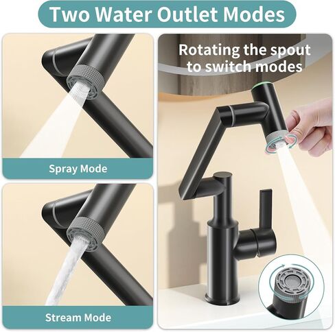 Single Hole Rotatable Bathroom Faucet with Temperature Display, Single Handle Modern Rotating Bathroom Sink Faucet 1 Hole, 1080 Degree Swivel Tap with 2 Water Outlet Modes (Black) in Saudi Arabia