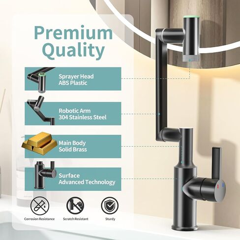 Single Hole Rotatable Bathroom Faucet with Temperature Display, Single Handle Modern Rotating Bathroom Sink Faucet 1 Hole, 1080 Degree Swivel Tap with 2 Water Outlet Modes (Black) in Saudi Arabia