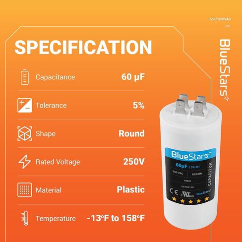 60uf CBB60 250 Volt Dual Round Capacitor Replacement Part by BlueStars - Exact Fit for Start-up of AC Motors with Frequency of 50Hz/60Hz in Saudi Arabia