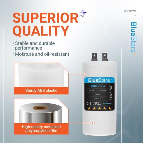 60uf CBB60 250 Volt Dual Round Capacitor Replacement Part by BlueStars - Exact Fit for Start-up of AC Motors with Frequency of 50Hz/60Hz in Saudi Arabia