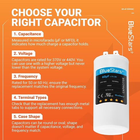 60uf CBB60 250 Volt Dual Round Capacitor Replacement Part by BlueStars - Exact Fit for Start-up of AC Motors with Frequency of 50Hz/60Hz in Saudi Arabia