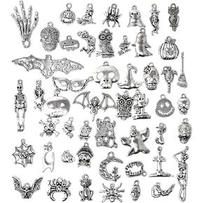 Honbay 50PCS Alloy Halloween Charms Pendant Antique Silver Spider Witch Pumpkin Bats Ghost Hat Skull Broom Charms for Earring Necklace Bracelet Keychain Jewelry Craft Making (50 Style)